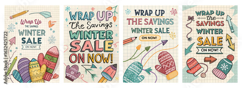 Set of four vibrant winter sale posters featuring colorful mittens and arrows inviting shoppers to save