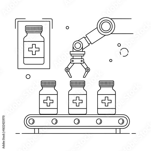 Vector illustration of automated robotic arm manufacturing medicine bottles isolated on white background