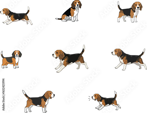 Illustrative compilation showcasing playful beagle dogs on a clean, bright background