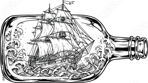 Detailed line art of a sailing ship inside a glass bottle, navigating turbulent waves, evoking themes of adventure