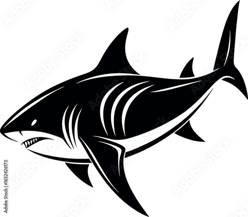 Aggressive shark illustration with sharp teeth and fins