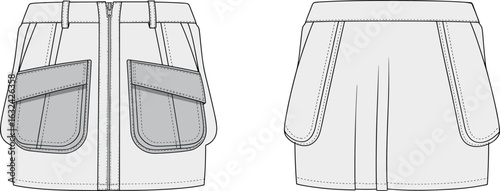Flat vector CAD drawing of women's cargo skirt with front zipper, oversized flap pockets, belt loops, and pleated back view