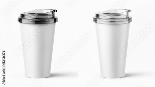 Two white reusable coffee tumblers