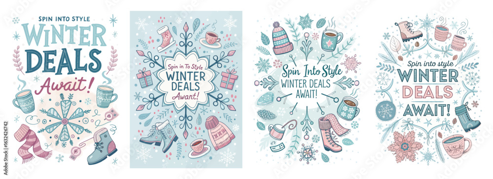 Fototapeta premium Set of four winter-themed posters with apparel snowflakes and hot drinks promoting seasonal deals