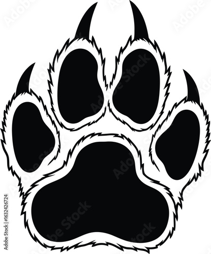 Black paw print with claws, animal track, wildcat footprint