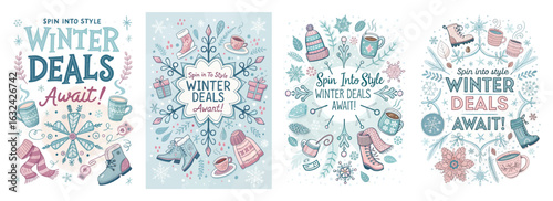 Set of four winter-themed posters with apparel snowflakes and hot drinks promoting seasonal deals