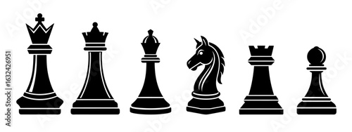 Chess piece silhouette icons set. Chess icon vector illustration for web design isolated on white background. King, queen, bishop, pawn, horse, knight, rook. Smart board game elements