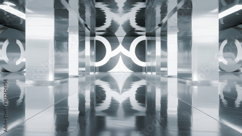 Reflective Symmetrical Hallway with Geometric Patterns