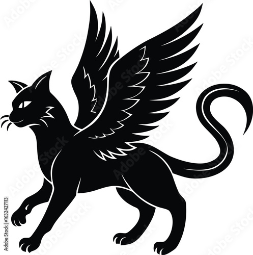 Fantasy winged cat silhouette black vector art