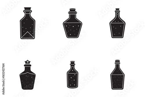 Apothecary potion bottle icons set with stars and cork stoppers in minimalist design black and white illustration