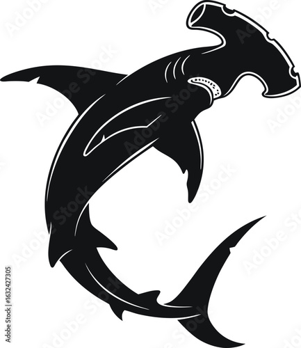 Stylized silhouette of a hammerhead shark in motion