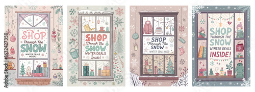Set of four posters featuring illustrated festive shop windows with holiday decorations and winter deals