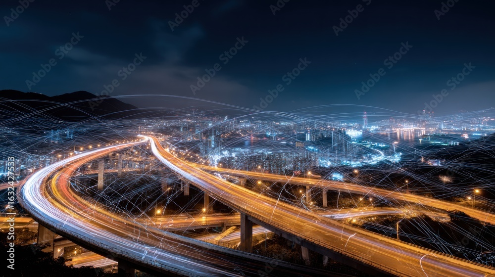 Fototapeta premium City highway network at night, light trails
