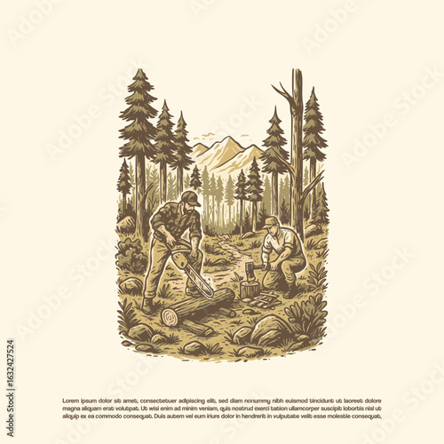 Vintage hand drawn two lumberjack cutting tree in the forest