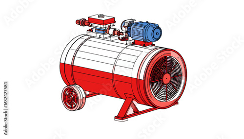 Detailed illustration of an industrial air compressor machinery. Technical sketch of a powerful pneumatic equipment unit isolated on white.