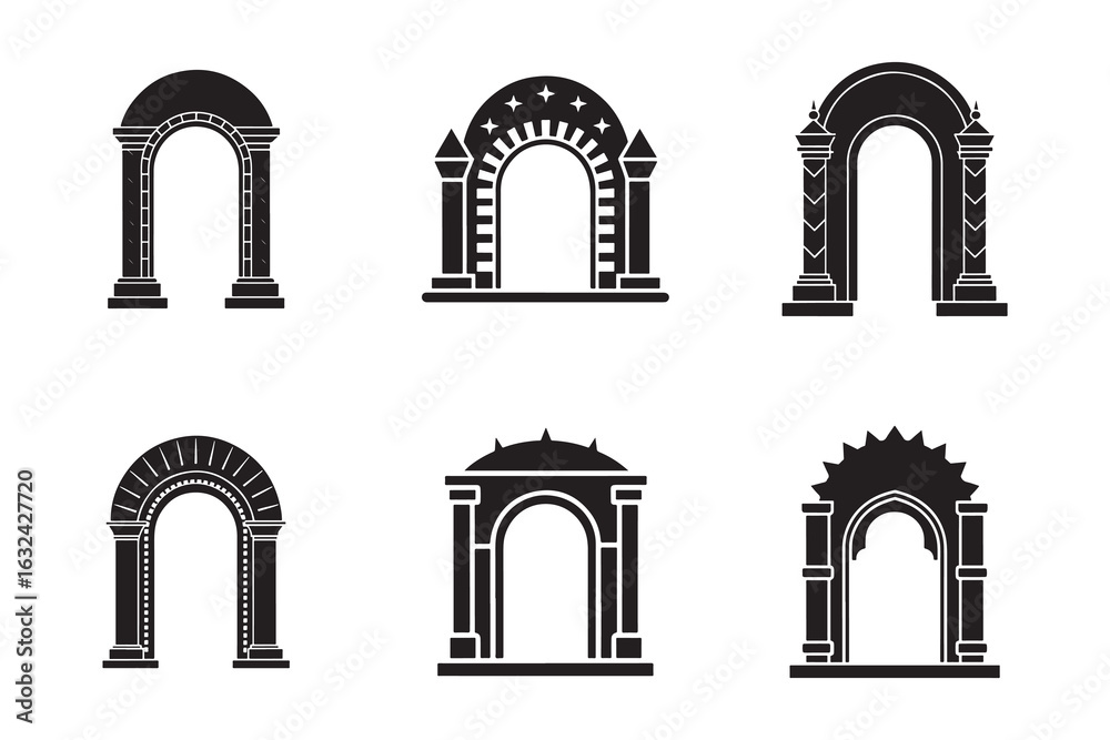 Fototapeta premium Architectural Arches Collection in Elegant Black Silhouettes for Creative Design Projects and Historical Representations Ideal for Graphic Designers and Illustrators