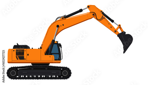Crawler excavator with a hydraulic boom and bucket. Orange heavy machinery for earthmoving and construction work, isolated on a white background.
