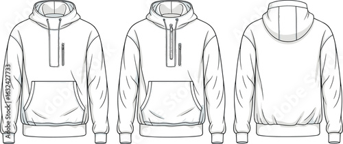 Technical fashion sketch, hoodie front view, zipper detail, back view, kangaroo pocket, drawstring hood, garment template, clothing design, illustration
