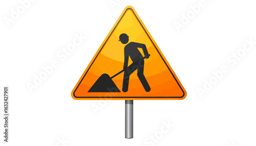 Vector illustration of a 'Men at Work' traffic sign. A triangular yellow warning symbol indicating road work ahead and construction.