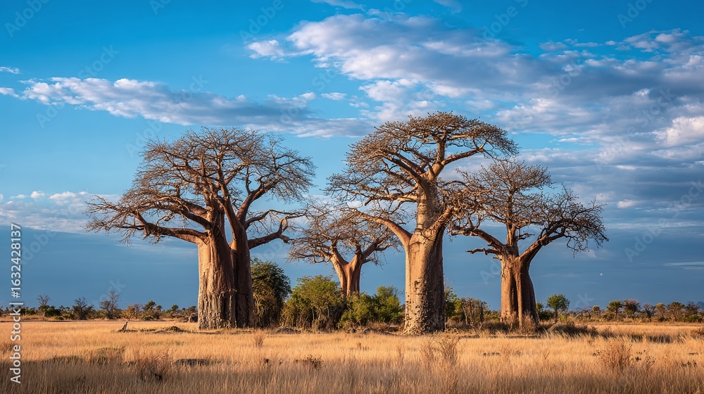 Obraz premium Majestic Baobab trees dominate the horizon under a breathtaking sky, embodying the timeless beauty of the African landscape.