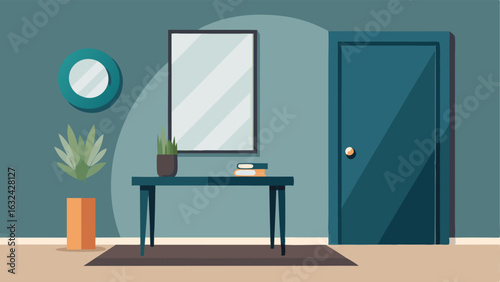 An entryway with a sleek console table a minimalist mirror and a statement piece of modern art on the wall.