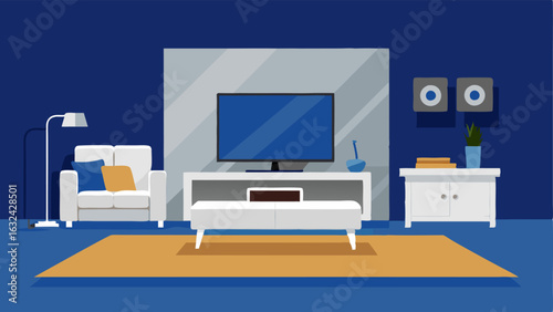 A media room with a sleek white entertainment center and a deep blue accent wall. The room is furnished with a gray sectional sofa and a plush rug in a sandy beige.
