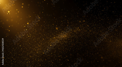 Abstract golden particle flow, bokeh effect, creating a magical and dreamy celestial atmosphere.
