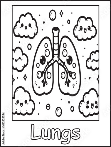 Printable coloring page for kids and adults: Human body anatomy: body parts to color: Kawaii lungs