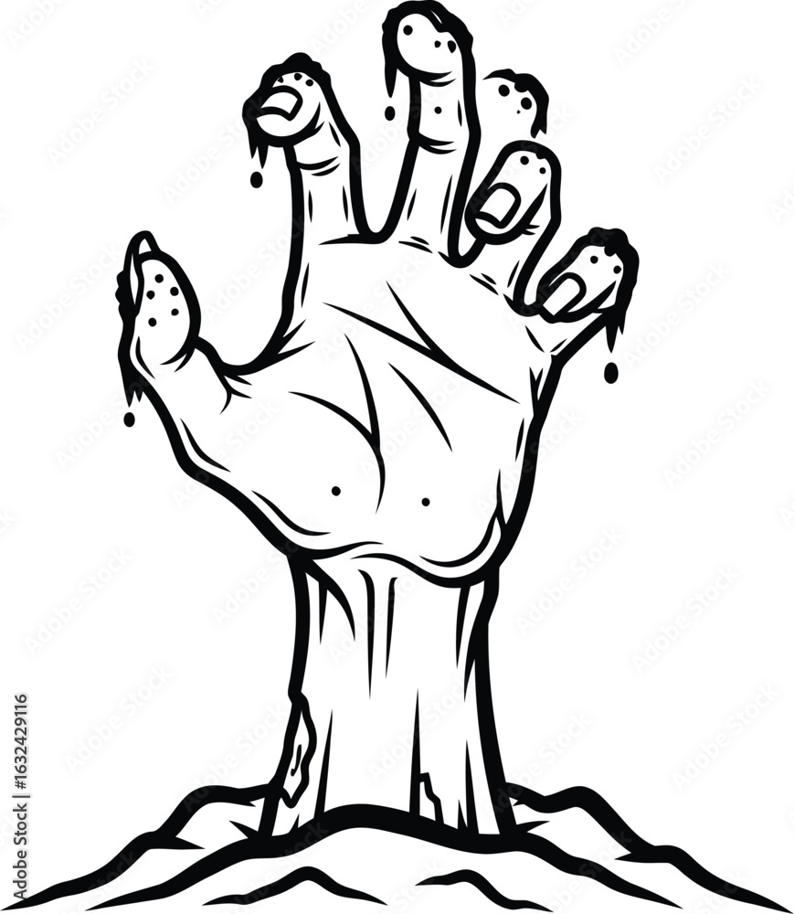 Fototapeta premium Rising zombie hand with dripping flesh, a spooky Halloween illustration for horror themes and undead concepts, perfect for posters and digital media