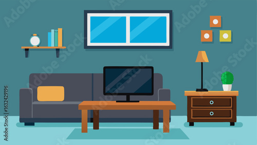 A living room with a black leather sofa a wooden coffee table and a wallmounted TV.
