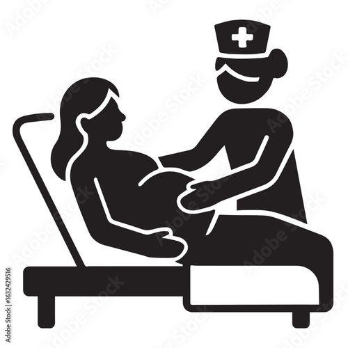 "Nurse assisting a pregnant woman resting on a bed – Vector illustration of maternity care and medical support."