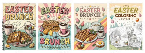 Set of four vibrant Easter brunch posters with waffles eggs and coffee featuring festive elements