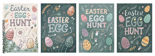 Set of four posters featuring vibrant Easter eggs bunnies and floral designs for festive celebrations