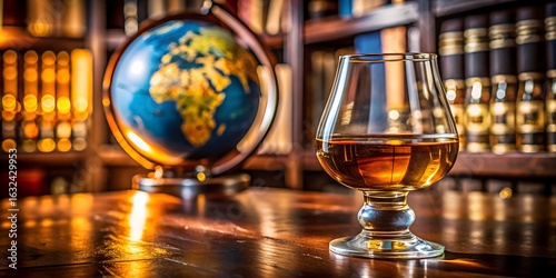 A glass of whiskey on a wooden table with a globe and books in the background, creating a vintage and luxurious atmosphere for relaxation and travel