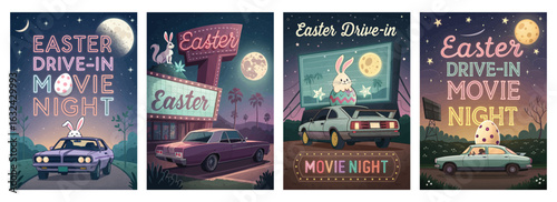 Set of four posters featuring Easter-themed drive-in movie night with classic cars and bunnies