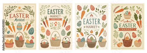 Set of four vintage-style Easter market posters with pastel eggs, carrots, and baskets