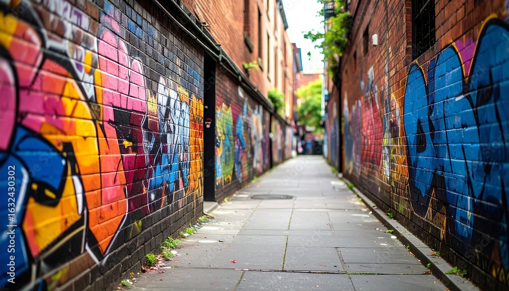 Fototapeta premium Vibrant Graffiti Art Adorns Brick Walls in a Narrow Urban Alleyway Perspective
