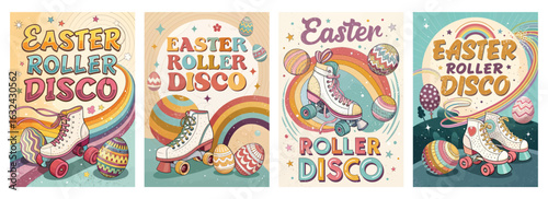 Set of four posters featuring vintage roller skates with bright rainbows and Easter eggs