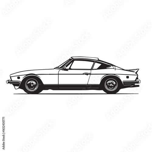 Vector art of silhouette of a classic sports car, isolated on a white background, representing automotive design, speed, and vintage vehicle aesthetics