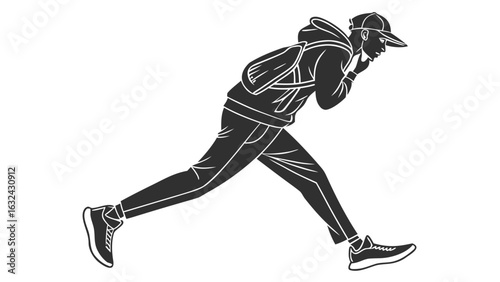 Illustration of a running man with backpack, hoodie, cap, and sneakers in a dynamic pose vector art ai generated icon sheet on transparent background