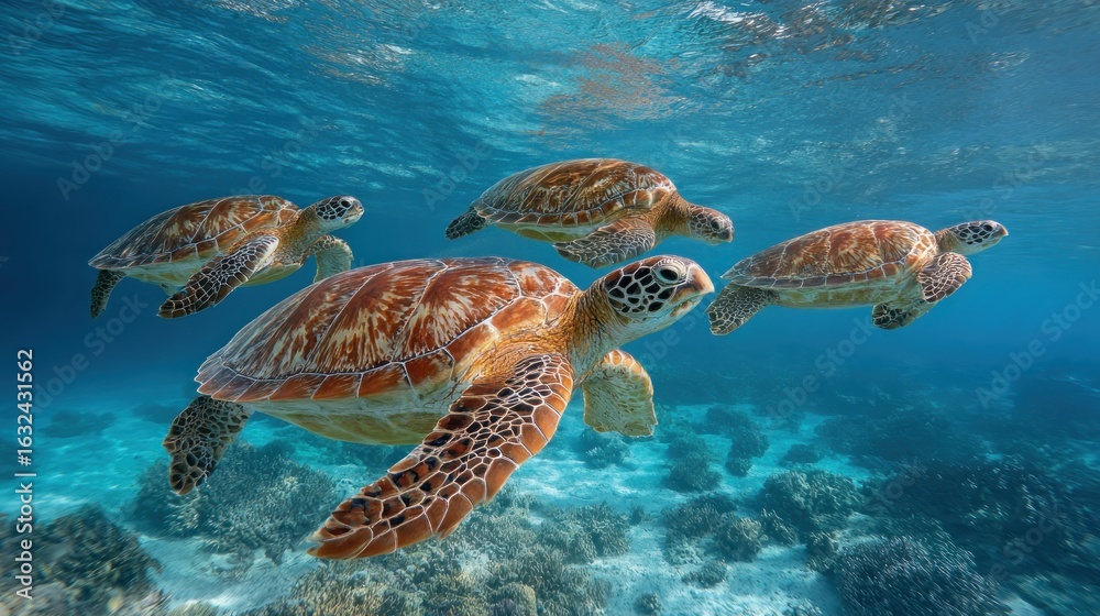 Obraz premium Four sea turtles swim in coral reef