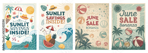 Set of four posters featuring summer sale ads with vibrant tropical designs and beach elements