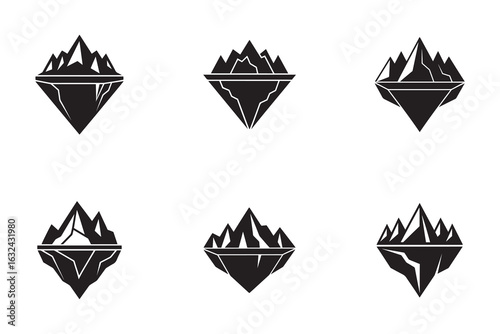 Collection of Black and White Iceberg Illustrations on a White Background for Arctic Scenery Depictions and Global Warming Concepts