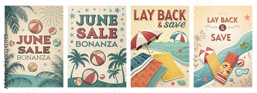 Set of four summer-themed posters with beach elements for June Sale Bonanza in vibrant colors