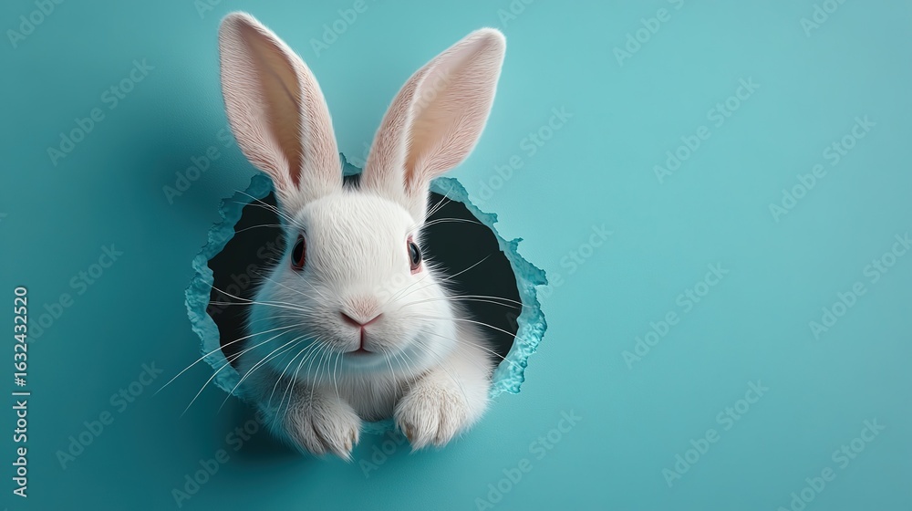 Fototapeta premium White Rabbit Peeking Through a Torn Hole on Teal Background 