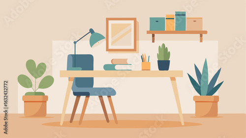A peaceful study space with a minimalist wooden desk and a comfortable chair. The only decorations are a small succulent plant and a framed calligraphy piece.