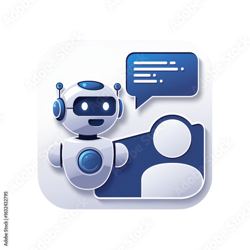 AI chatbot icon, vector illustration with friendly robot and chat interface symbolizing artificial intelligence, virtual assistant, and automated communication. AI generated, no model release required