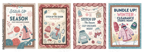 Set of four posters featuring winter clearance sale with colorful knitwear hats scarves and mittens
