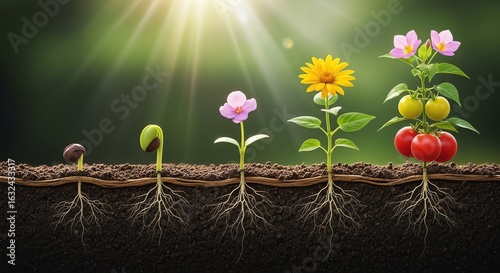 Fototapeta Naklejka Na Ścianę i Meble -  Plant growth stages from seed to flowering plant