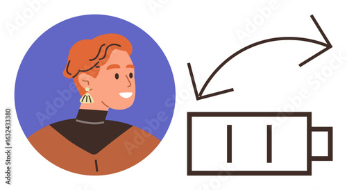 Smiling individual beside low battery with arrows indicating recharge. Ideal for energy, wellness, workflow, motivation, balance, renewal, and self-care. Flat and simple metaphor